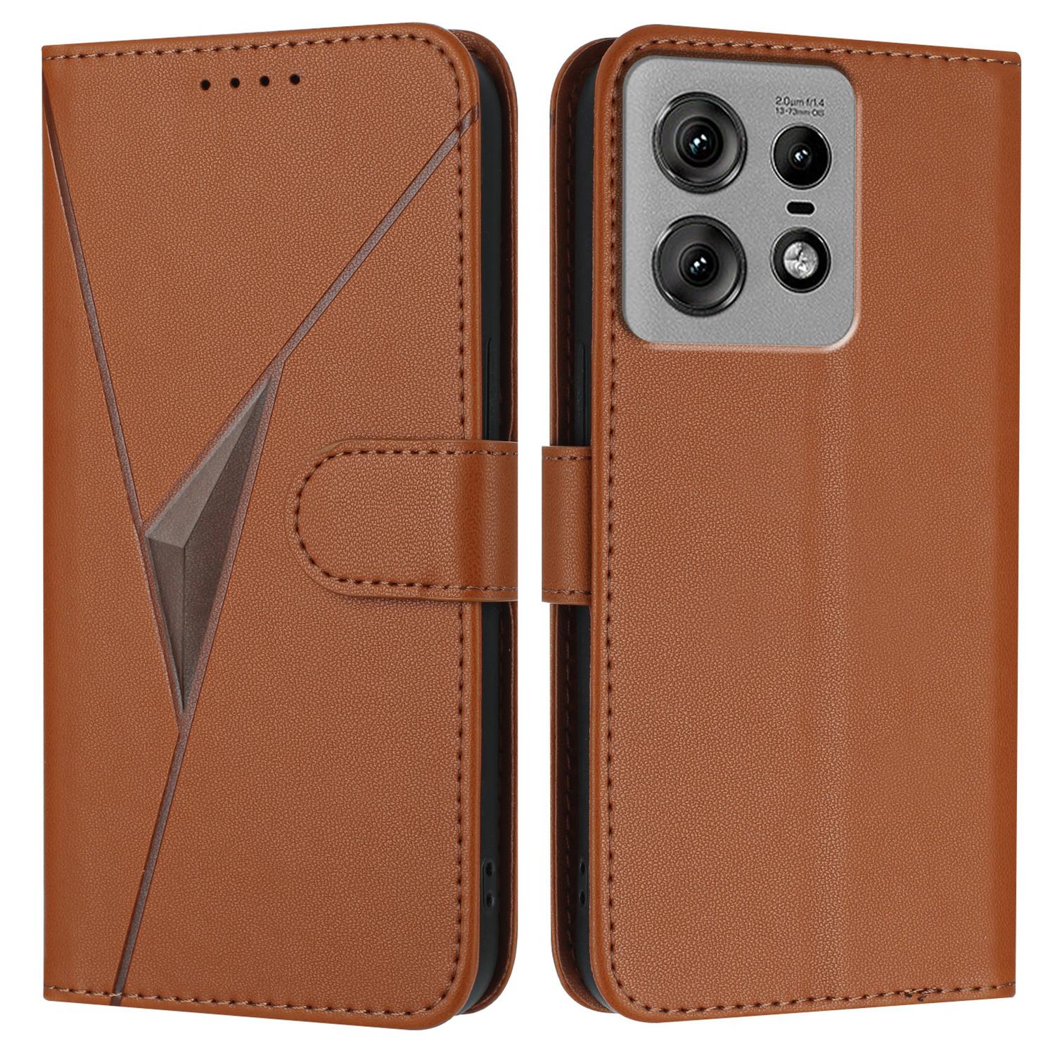 

For Motorola Edge 50 Pro 5G Case Triangle Imprint Leather Phone Cover with Lanyard Coffee