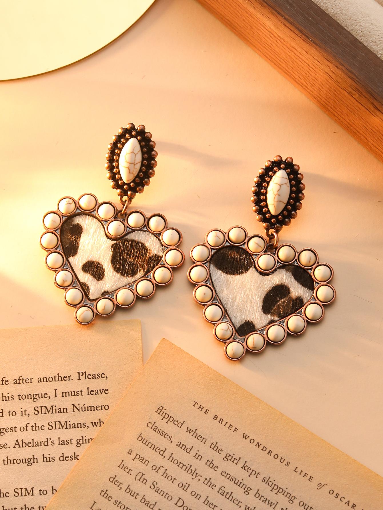 Винтажные преувеличенные серьги в форме сердца женские из сплава с медным покрытием бирюзовые леопардовая кожаные серьги