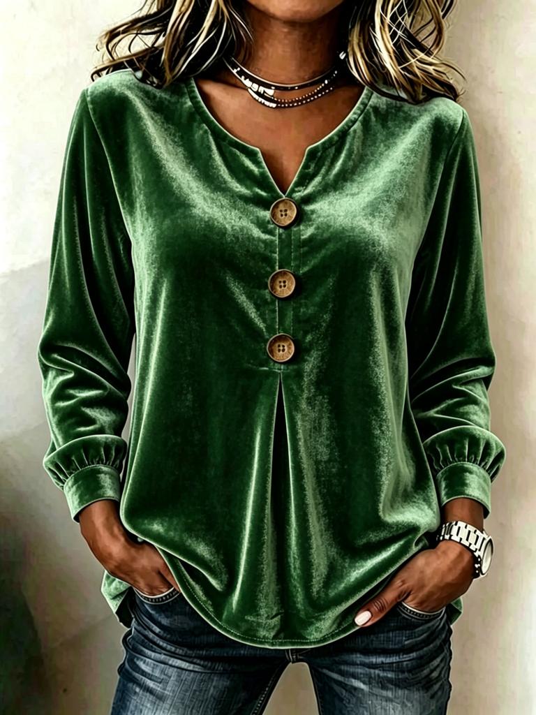 Blouse Boutonnée à Col en V en Velours pour Femme Haut Décontracté à Manches Longues Hauts Élégants en Satin