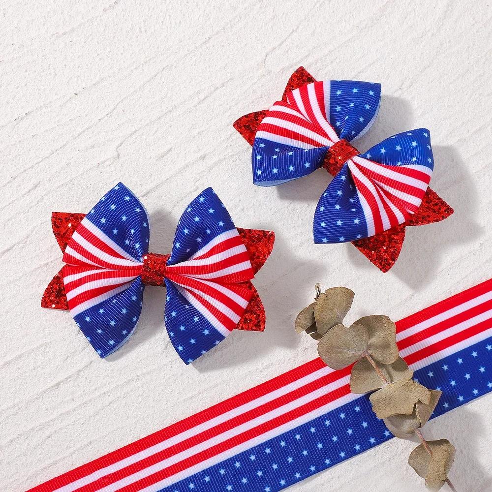 2pcs/set Independence Day Hair Bows Clips for Women Girls Glitter Star Ribbon Bowknot Hairpin American Flag Hair Accessories
