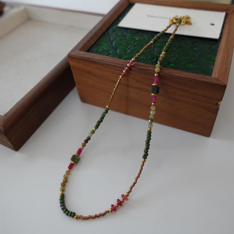 

Ожерелье из розового турмалина и зеленого турмалина - Винтажная этническая цепочка на ключицу с подвеской в виде цветка.