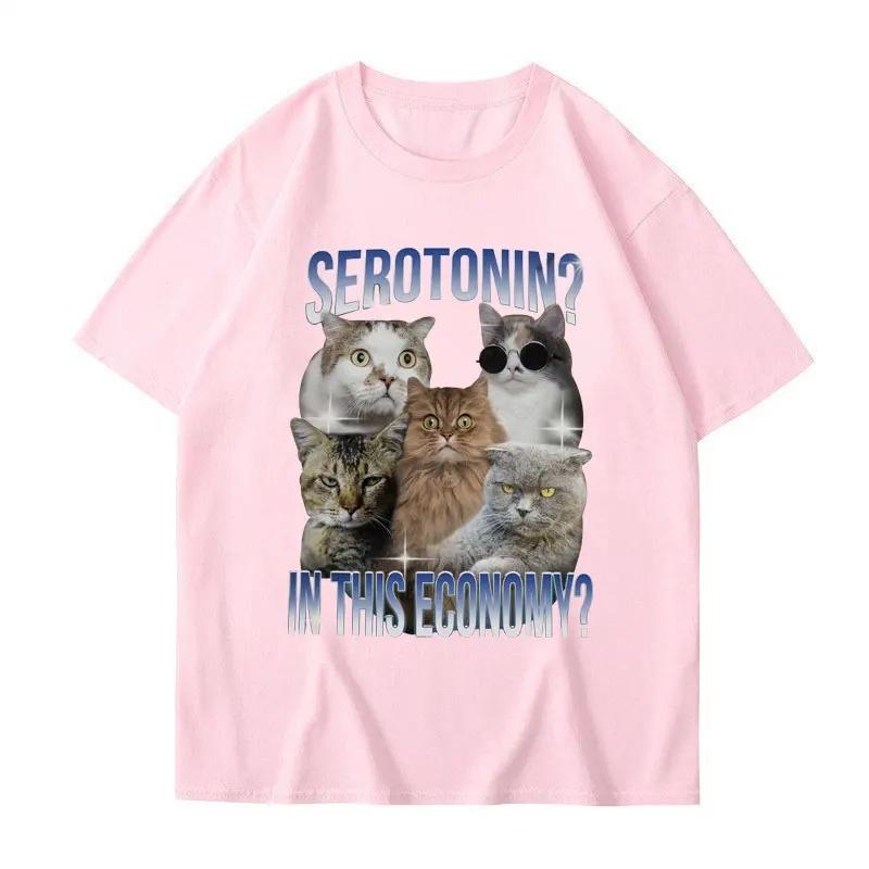 Serotonin In This Economy Funny Cat Meme TShirt Women Casual Trendy Short Sleeve T Shirt Streetwear Women Clothing Graphic Y2K