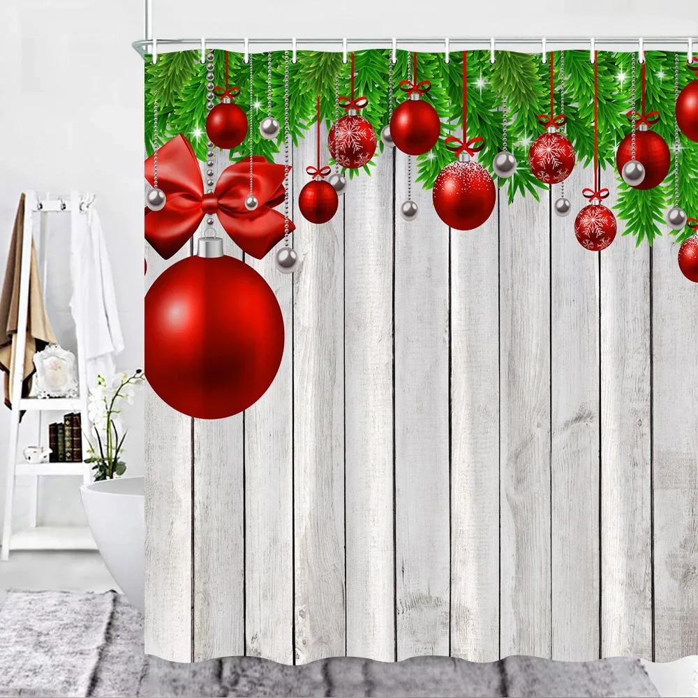 Christmas Shower Curtain Set Red Xmas Balls Fir Holidays Decor Fabric Hook Bathroom Curtains Accessories Sets For Made Of Polyester