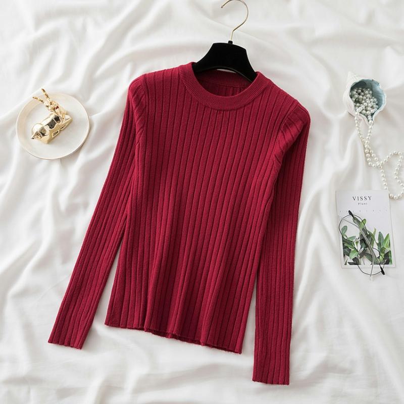 Autumn Neck Fit Round Slim Base Knitted Sweaters Women Winter New Fashion Long Sleeve Pullovers Sweater Woman Elegant Solid Casual Lady Jumpers 25477