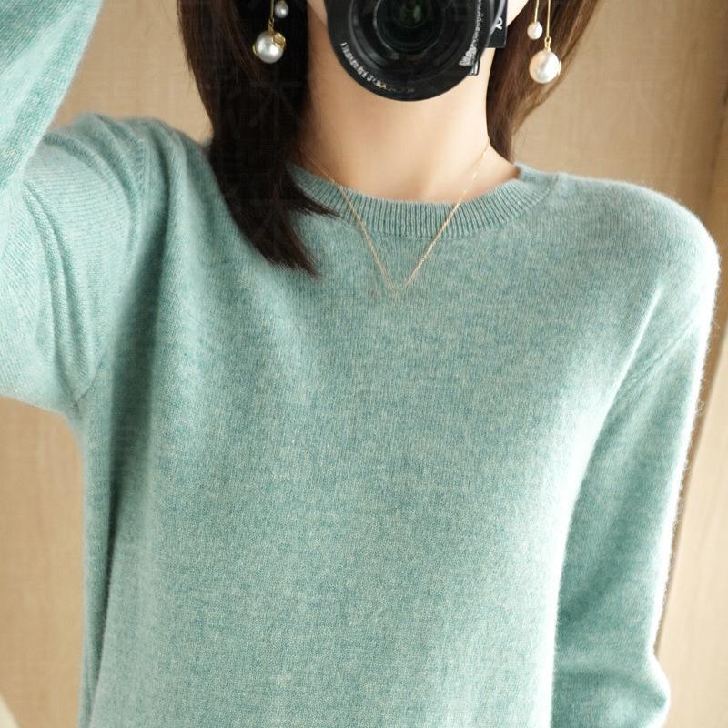 Women's O-Neck Thin Sweaters Solid Color Print Pullovers Fashion Casual Autumn Winter Long Sleeve Pull Jumper Commuter Knitted Base Shirt