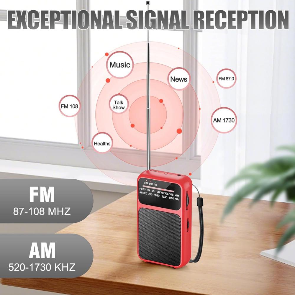 Taschenradio AM FM USB-C-Aufladung & Batteriebetrieben, Ausgezeichneter Empfang & Klarer Lautsprecher und Kopfhöreranschluss, Rückclip, Taschenlampe, Transistorradio