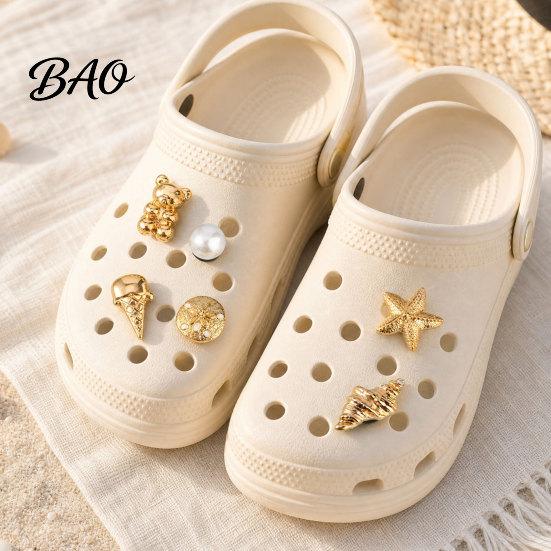 Gold Finish Shoe Charms 6Pcs/Set Gold-Tone Charms, Summer Ice Cream Shell Starfish Clog Accessories for Clogs Women Girls Beach Footwear Decor