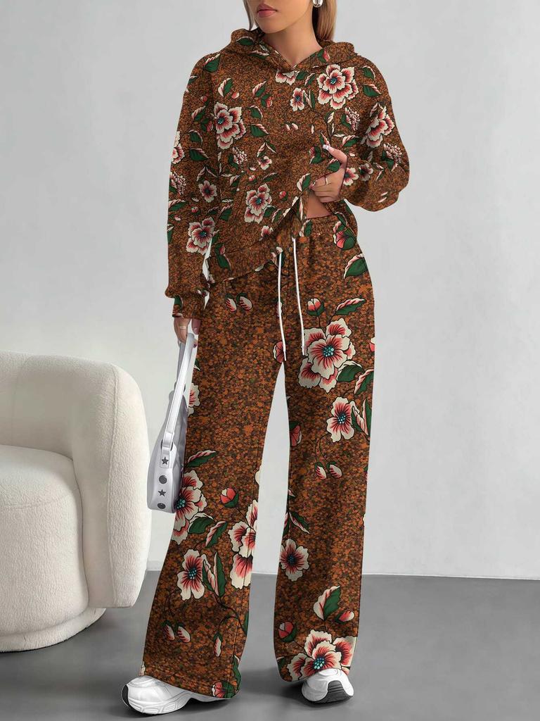 European, American Autumn And Winter Casual Retro Flower Long-Sleeved Suit Women'S Hooded Sweater Trousers Two-Piece Set
