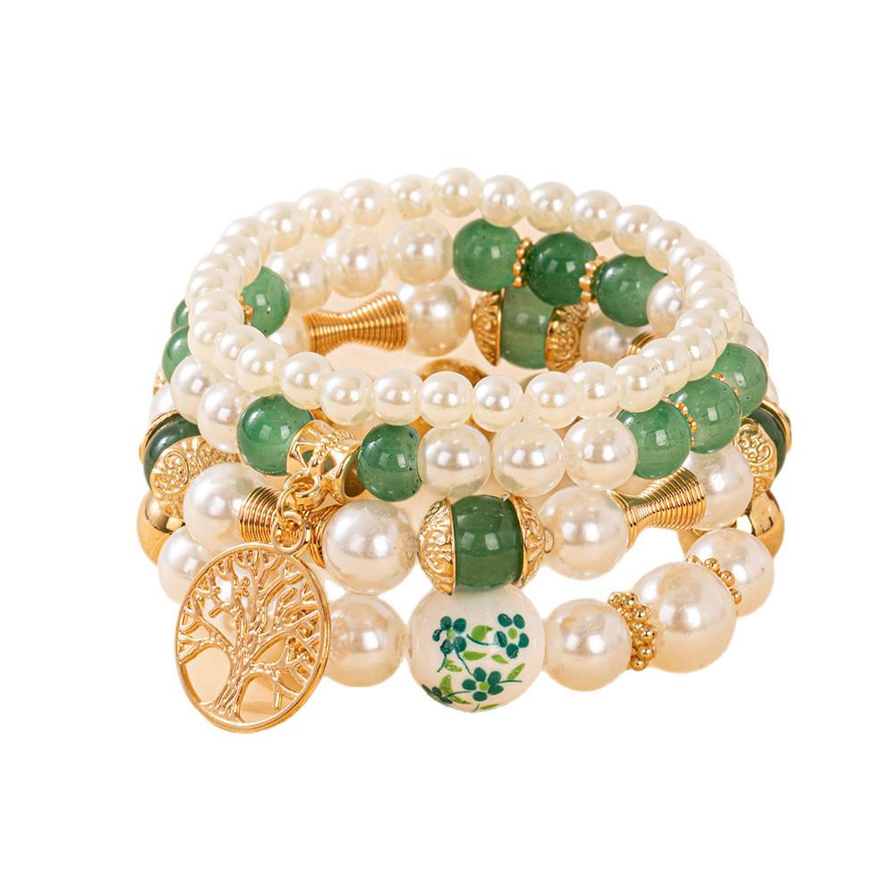 Bohemian Beaded Bracelet Set with Tree of Life Pendant and Faux Pearls