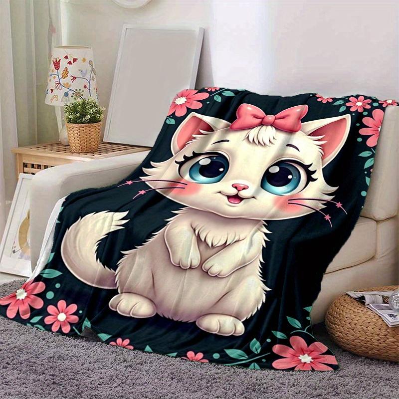 1pc Seasonal Universal Home Decoration Blanket Throw Birthday Gift Cute Cartoon Cat with Pink Bow Flower Frame Room Decorative Coverlet for Couch Bed