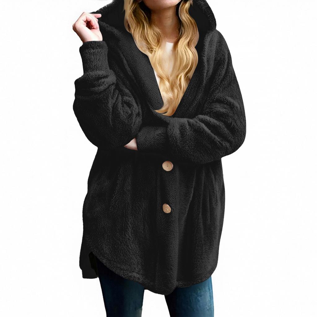 Women's Fashion Solid Color Pocket Button Hooded Plush Coat