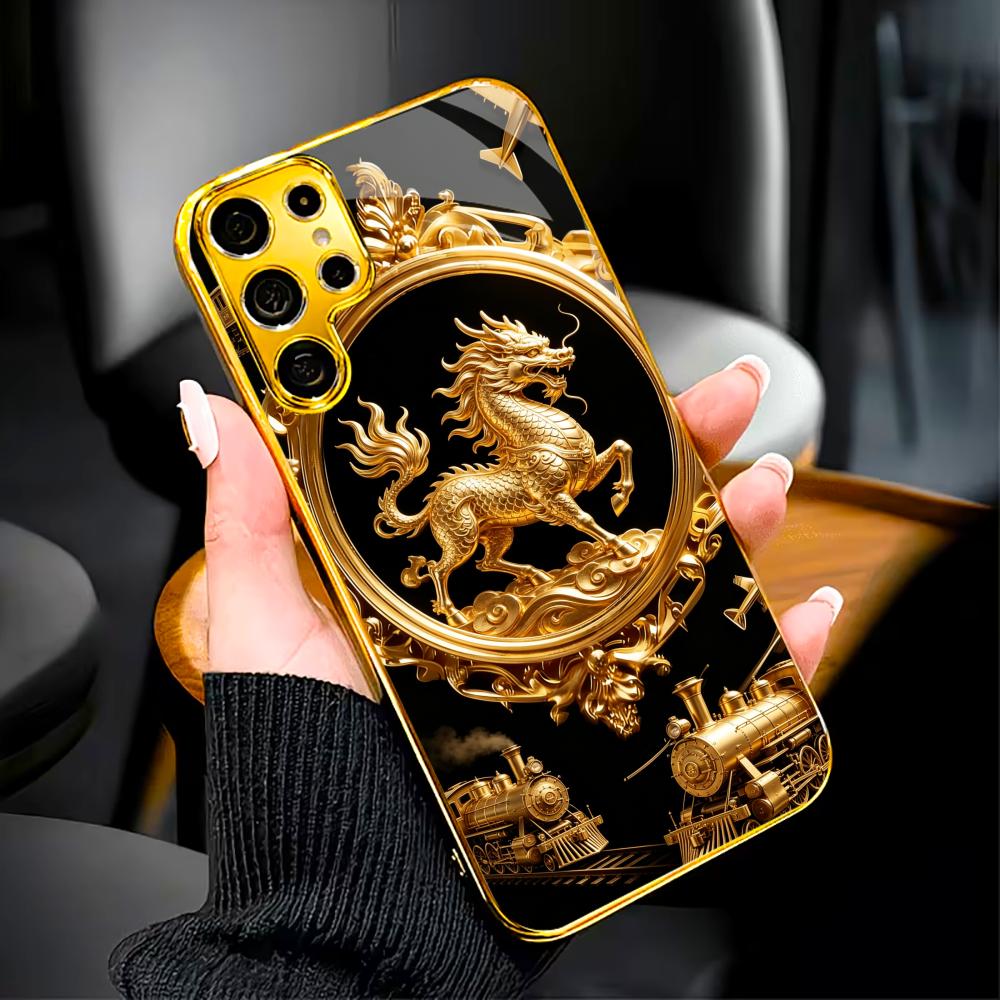 Shiny Gold Plated Kirin phone case glass s25 ultra case s26 ultra case for Samsung Galaxy S26 S25 S24 S23 S22 FE Ultra Plus