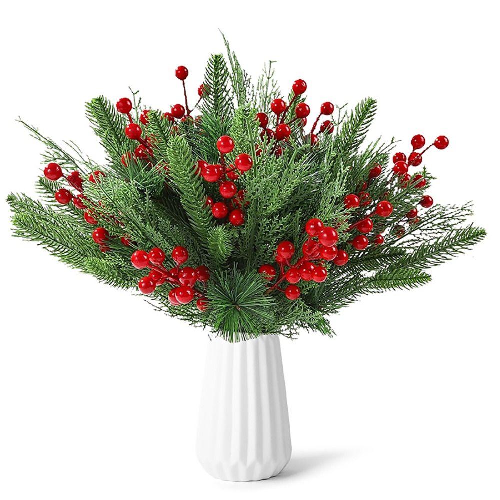 Greenery Leaves Fake Cedar Pine Red Berries Natural Looking Lifelike Faux Pine  Home Decoration