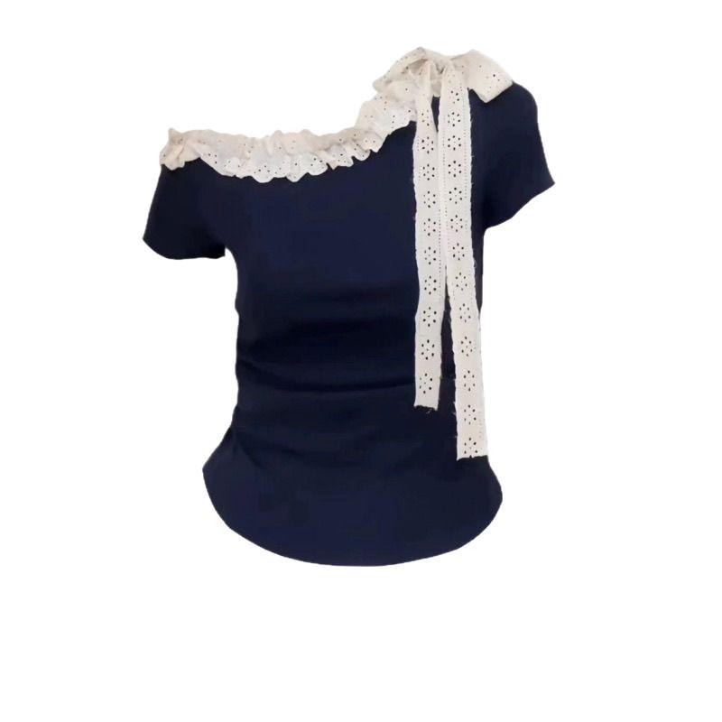 Korean fungus edge strap slanted shoulder short-sleeved T-shirt women's summer design sense slim and thin off-the-shoulder sweet hottie top