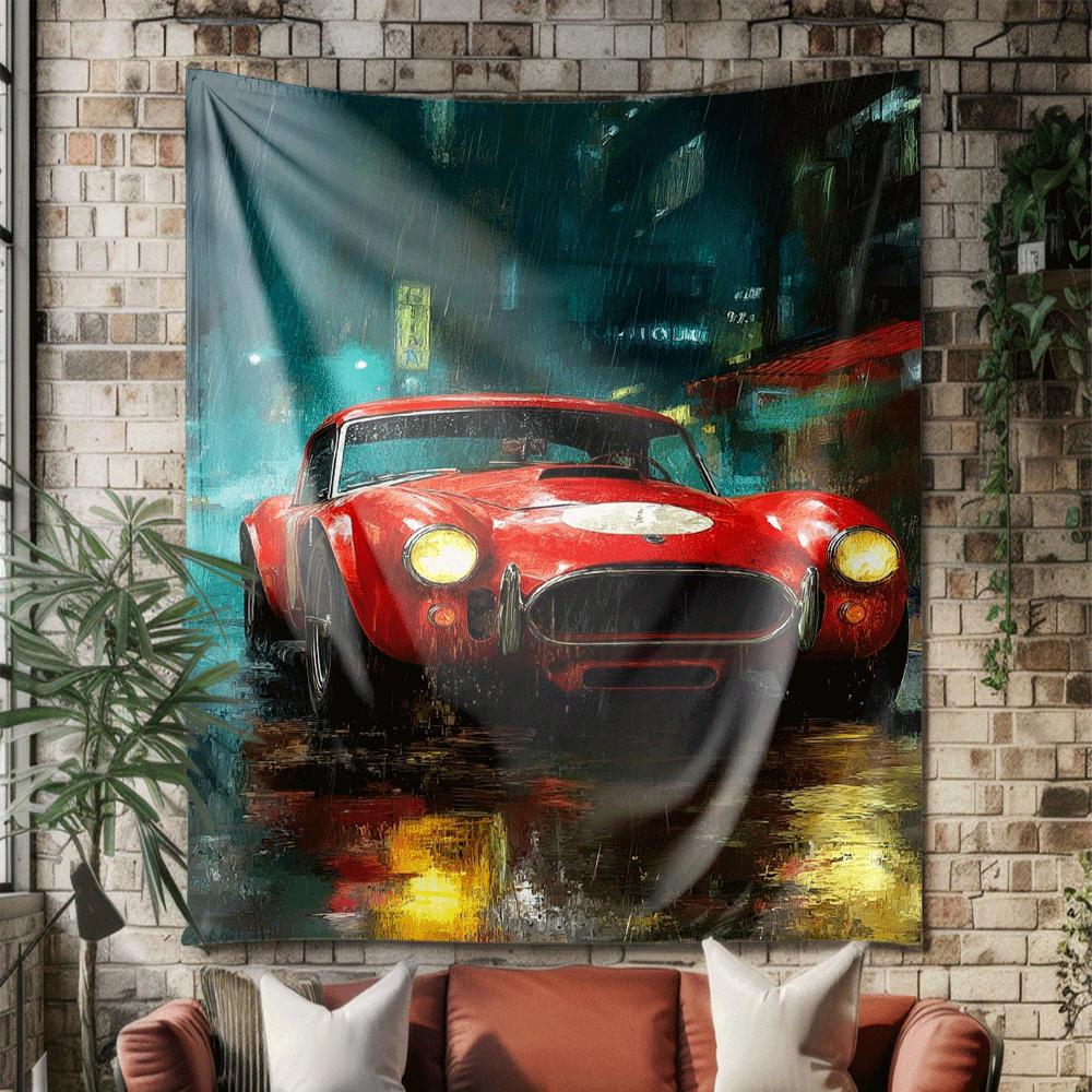Roter Sportwagen im Regen Digitaldruck Polyester Wandteppich geeignet für den Einsatz in Wohnzimmern Schlafzimmern Büros Bars Partys