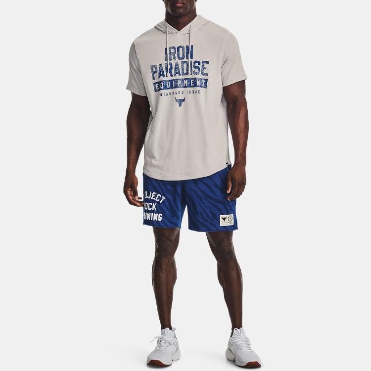 Under Armour Project Rock Printed Hoodie Short Sleeve T-Shirt Men Tops Grey 1378018-289