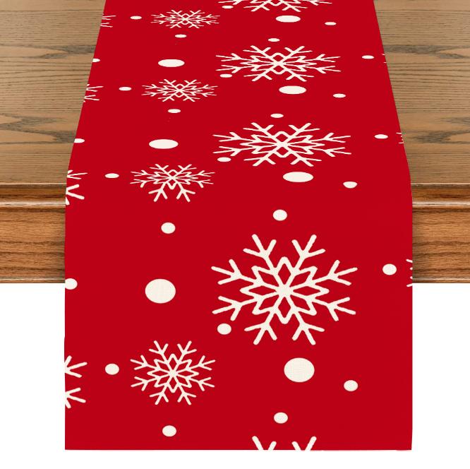 Runner de masă festiv de Crăciun din in cu imprimeuri cu om de zăpadă, Moș Crăciun și fulgi de zăpadă în roșu, alb și verde