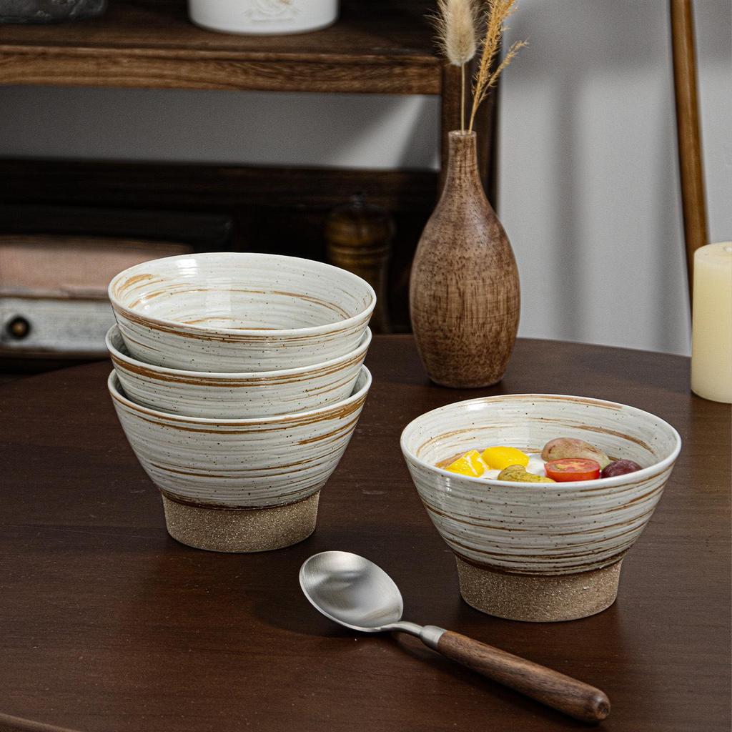Handmade Japanese High-Footed Coarse Pottery Rice Bowl - Retro Style Noodle Dish