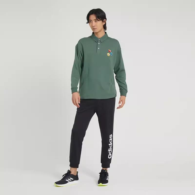 Adidas Neo Pattern Embroidery Logo Print Collar Long Sleeve Polo Shirt Unisex Tops Green HM9951