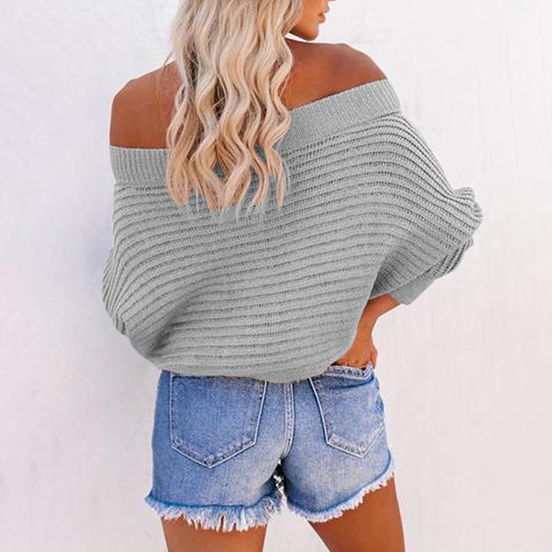 Pulover Tricotat de Primăvară pentru Femei 2023: Stil European/American, Mânecă Batwing în Dungi, Design cu Umerii Descoperiți