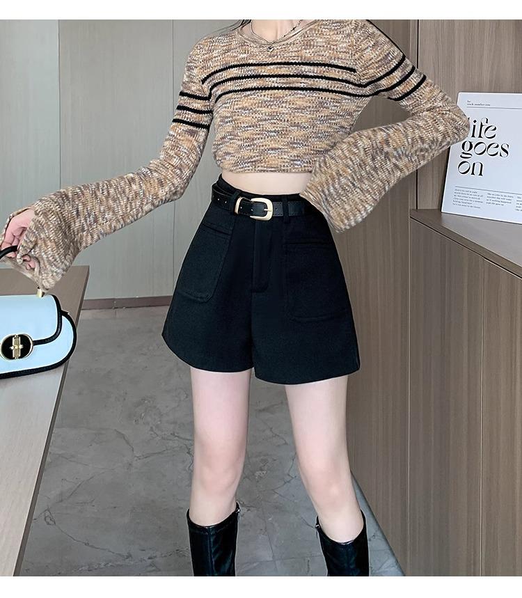 2024 High-Waisted Woolen A-Line Shorts for Women - Autumn/Winter Petite Coffee Tone Casual Bootcut Style.