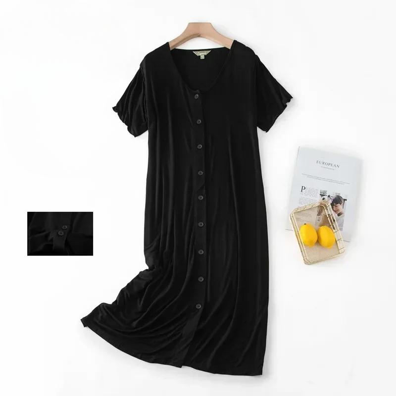 Modal Short-sleeved Mid-length Sleep Tops Night Dress with Button for Women Sleepwear Cotton Cardigan Plus Size Sleep Dress