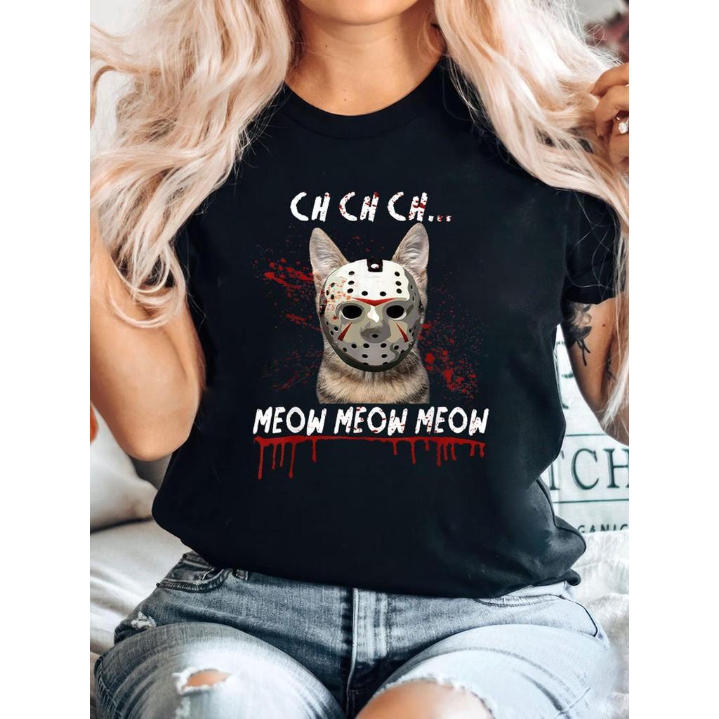 Ladies Meow Meow Meow Horror Friday Costume Halloween Cat Print T-Shirt
