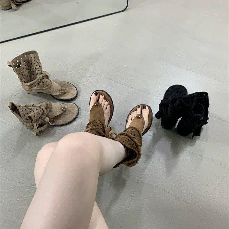 Hollow Out Women Mid Calf Sandals Boots Suede Clip Toe Thick Heel Gladiator Short Boots Retro Summer Daily Wear Beach Shoes