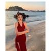 French High-end Red V-neck Neck Suspender Dress, Female Sexy Split-ended Hip-wrapped Long Dress, Seaside Vacation Style