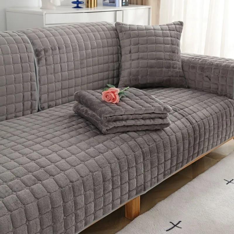 Velvet Sofa Cover Universal Plaid Plush Non-Slip Thickened Living Room Sofa Cover Warm Flannel Sofa Cushion Armrest Back Towel