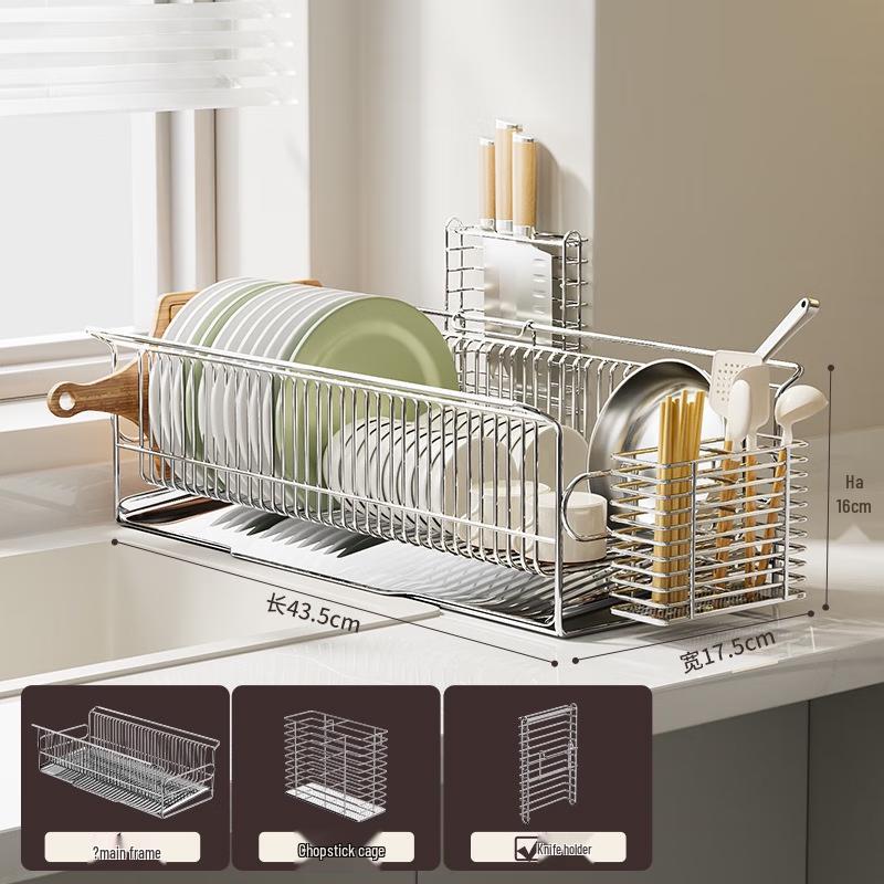 Large Stainless Steel Sink Dish Drying Rack with Knife Holder