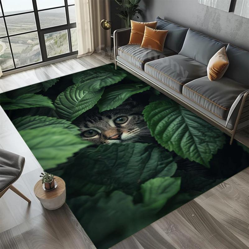 

Hidden Cat in Tropical Leaves Area Rug Carpet Mat Non-Slip Stain Easy Clean Large Size for Cat Lovers Living Bedroom Home Decor 40X60cm