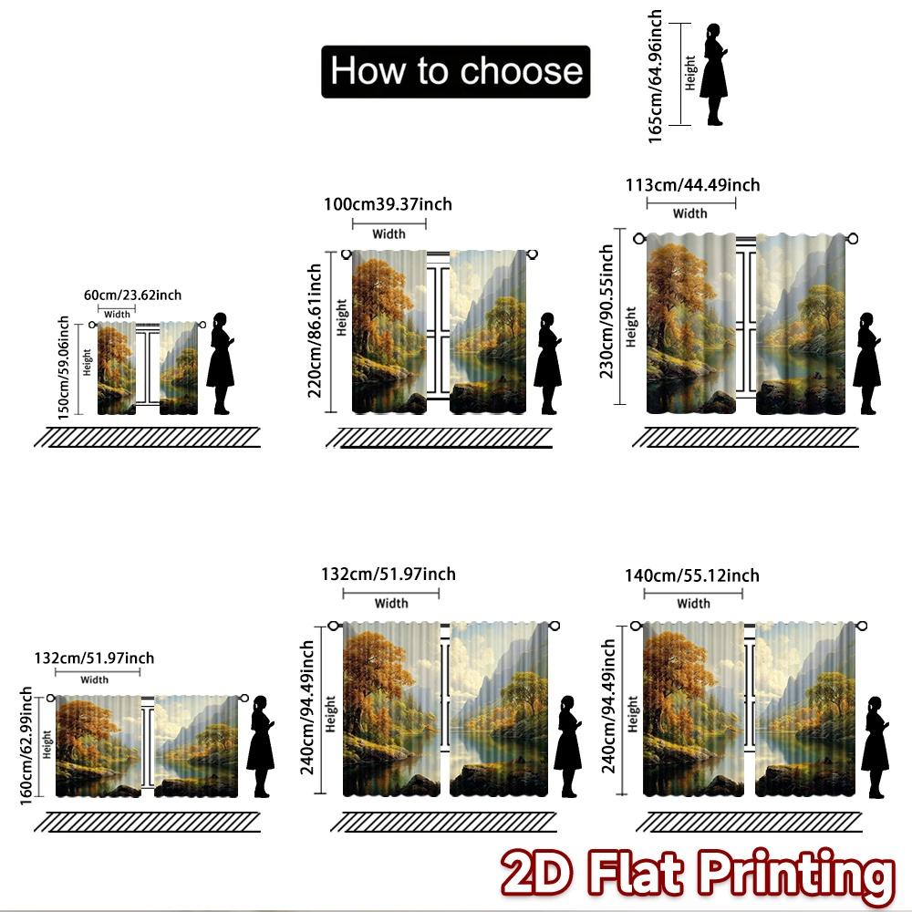 2D Flat Printing 2pcs Curtain Autumn Mountain Lake Landscape Digital Printed Polyester Drapes Festive Curtains Use for Yard &