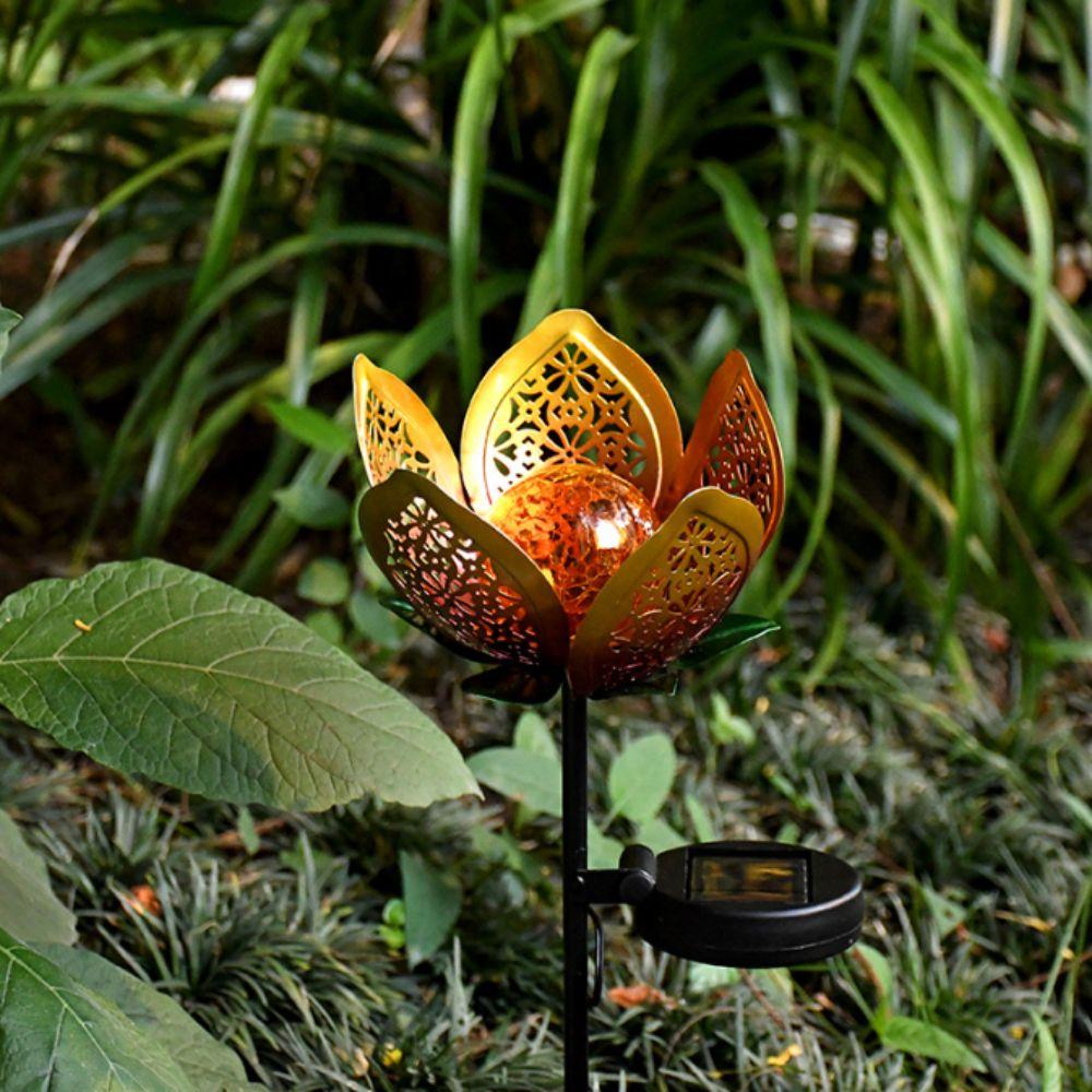 Lotus Shaped Solar Powered Lamp Hollow Out Design Waterproof Outdoor Lighting Fixture LED Flower Iron Ground Plug