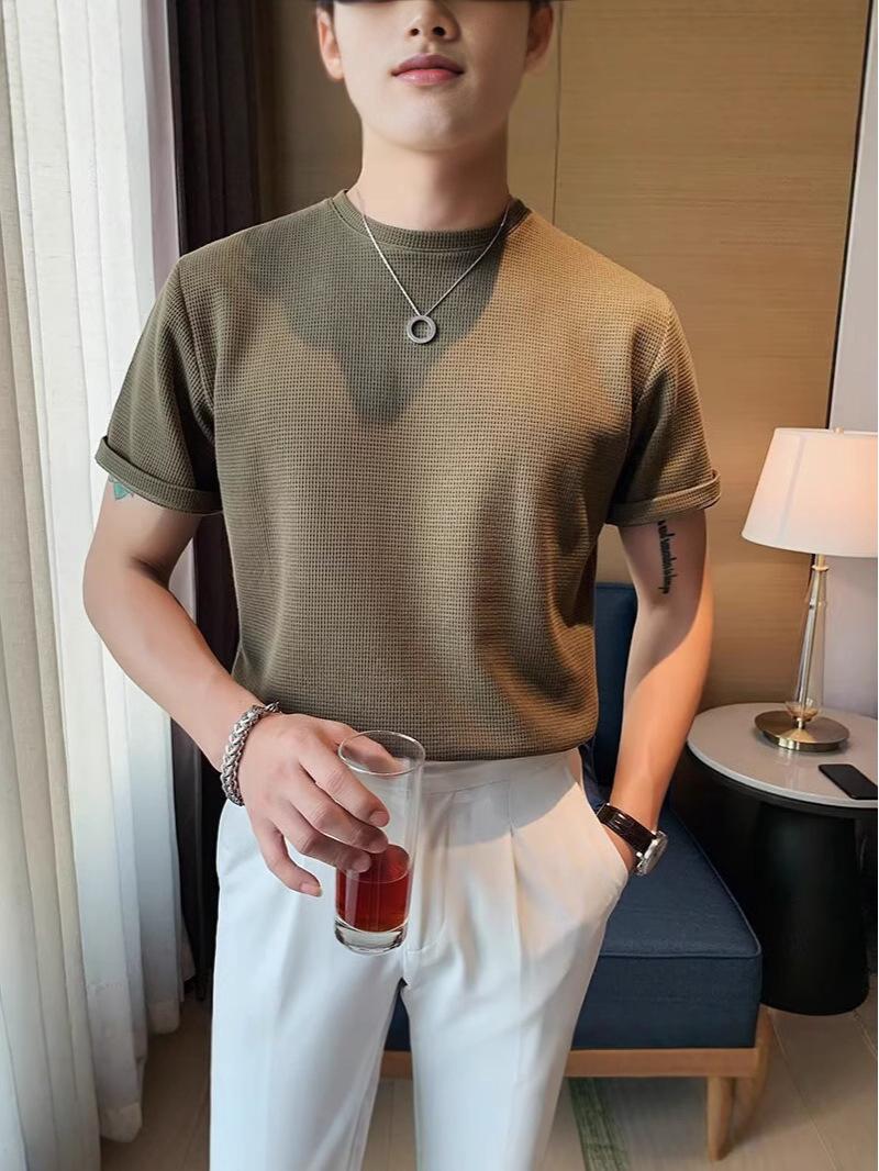 

Men s Korean Style Waffle Knit Crew Neck Short Sleeve T-shirt - Loose Summer Undershirt M білий