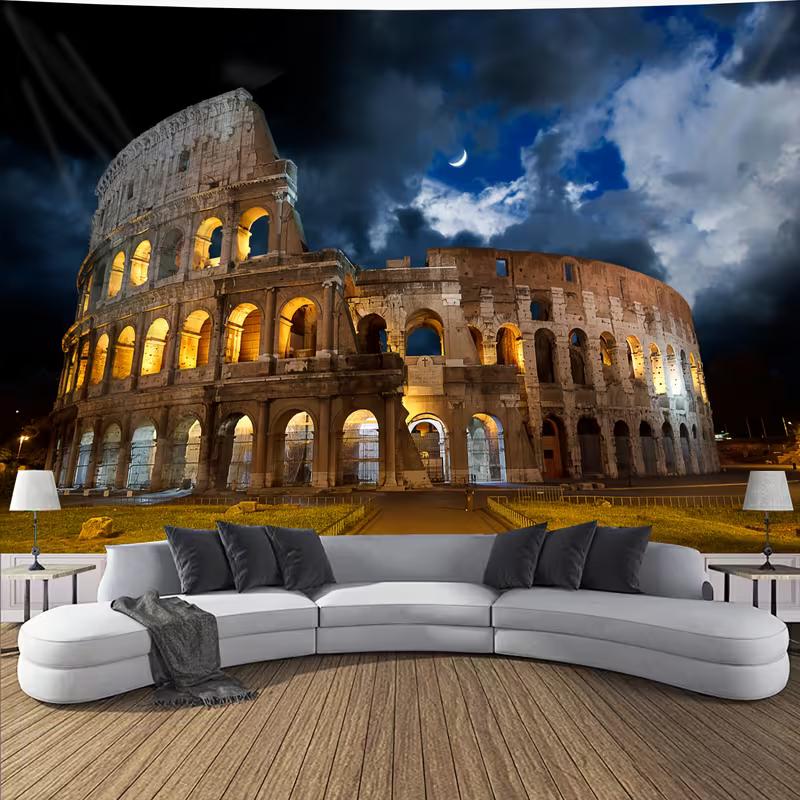 2D Ancient Roman Colosseum Tapestry Nighttime Historical Architecture Wall Hanging