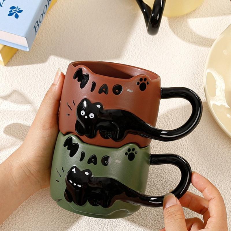 1 szt. Kreskówkowe Koty Ułożone Kubki z Uchwytem w Kształcie Ogona Kota, 380 ml Urocze Czarne Koty Ceramiczne Kubki do Kawy Kubki do Herbaty na Domowe Biuro Prezenty
