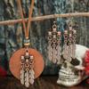 Fashion Retro Vintage Sweater Leather Rope Round Wooden Pendant Necklace Woman Zircon Set Earrings Skull Collar Choker Necklace