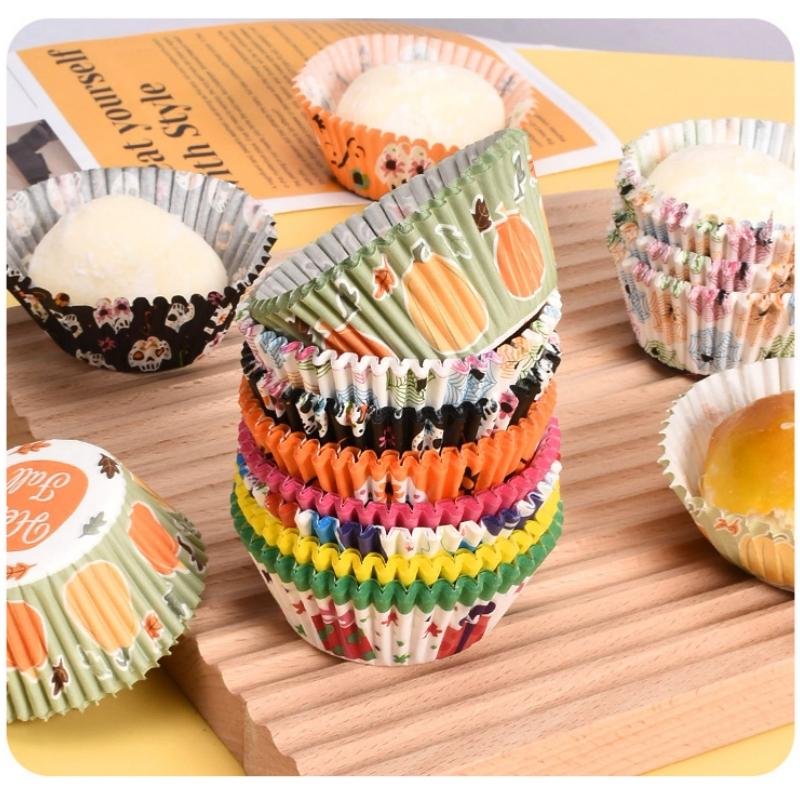 100PCS Halloween Cupcake Wrappers Toppers Pumpkin Ghost Cupcake Wrap Liners Halloween Party Dessert Cake Decoration Baking Cup