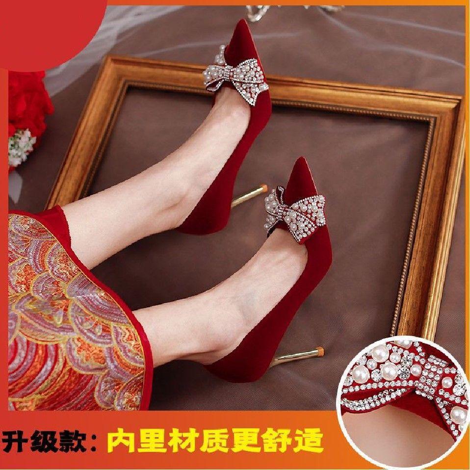 Xiuhe Wedding Dress Two Wear Wedding Dress Red Wedding Shoes Bow Light Mouth Bridal Shoes Stilettos