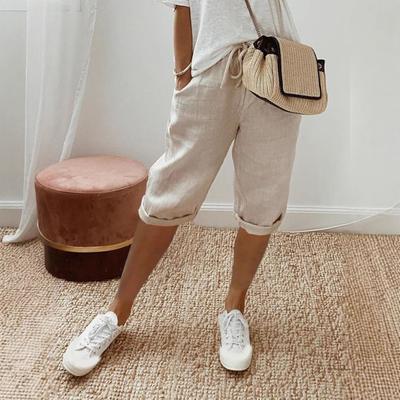 Women Pants Loose Drawstring Elastic Waist Casual Solid Color Pocket Design Knee Length Pants for Daily Wear Sport Beach