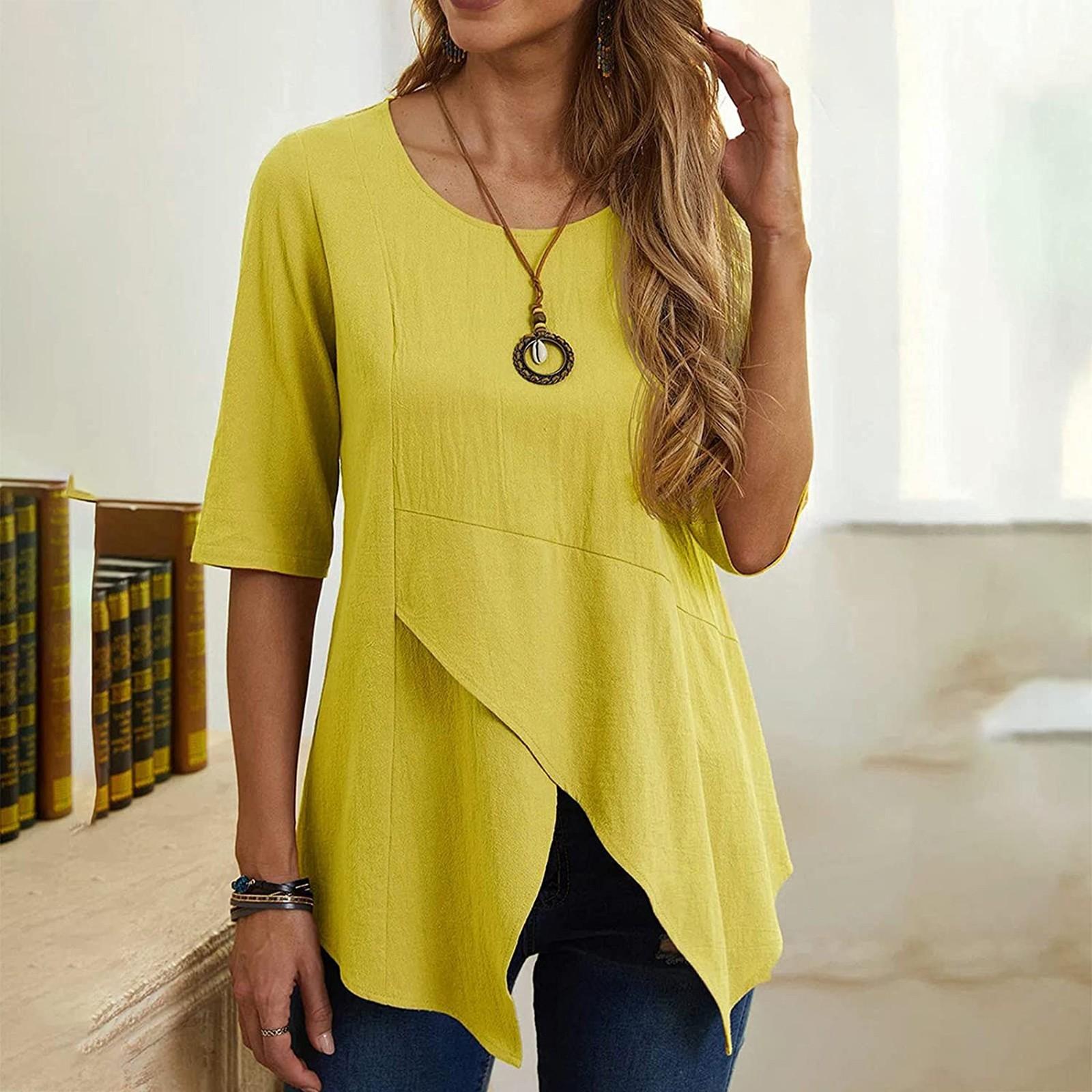 

Женская верхняя рубашка с нерегулярным круглым вырезом, блузка с половиной рукава, сплошной цвет больших размеров XS жёлтый