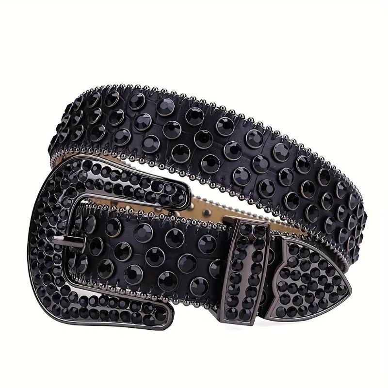 Punk Style Women's Rhinestone Belt, Performance Suit with Fashionable Diamond-encrusted Men's Glass Diamond-encrusted Black Wide Belt