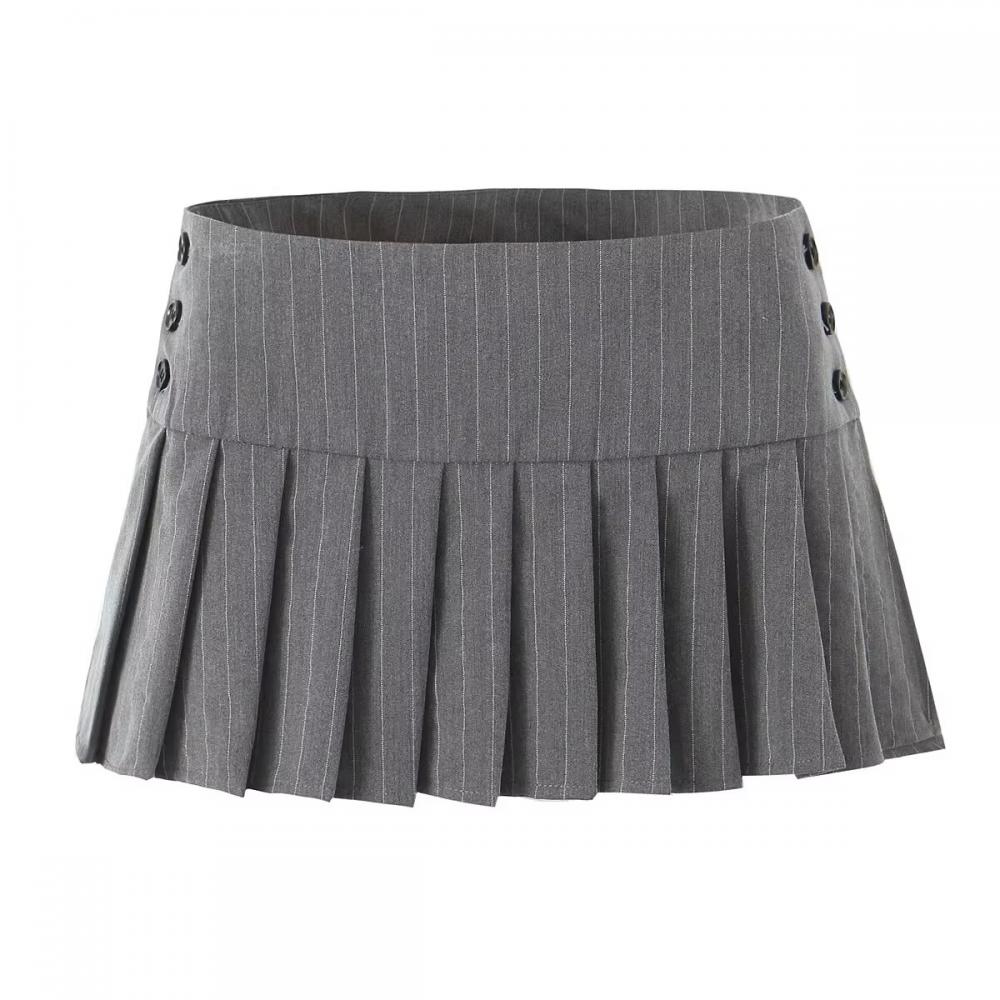 Vintage Y2k Striped Pleated Skirt Women Sexy Preppy Style Low Waist Button Slim A-line Micro Mini Skirt Streetwear