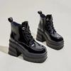 Winter Square Toe Women's Boots Lace-up Solid Color 2024 New Fashionable Thick Heel Glossy Super High Heel Women's Short Boots