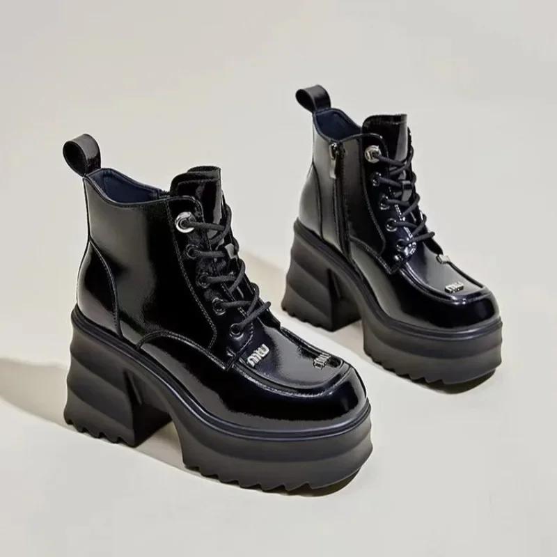 Winter Square Toe Women's Boots Lace-up Solid Color 2024 New Fashionable Thick Heel Glossy Super High Heel Women's Short Boots
