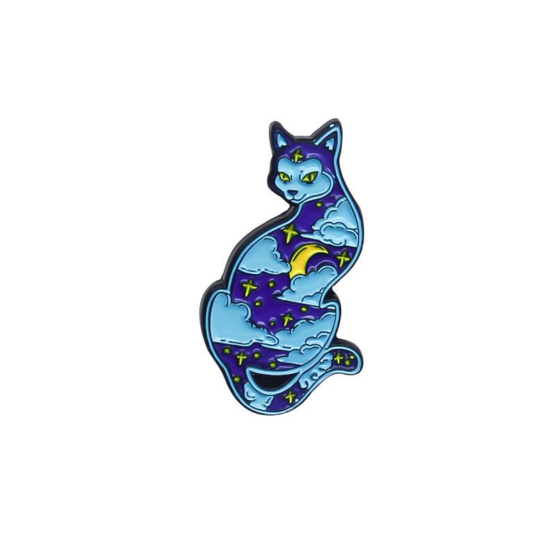 Trendy Starry Sky Cat Brooch: Moon, Clouds, Blue-Faced Cat Badge