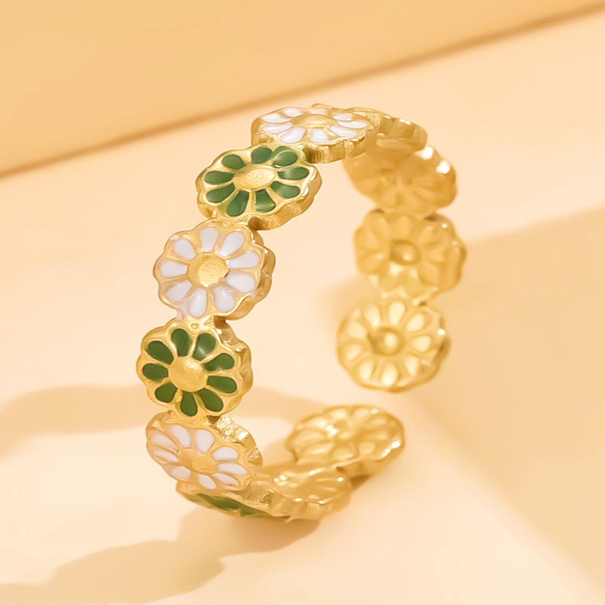 Colorful Enamel Daisy Open Ring - Gold-Plated Stainless Steel Jewelry Gift
