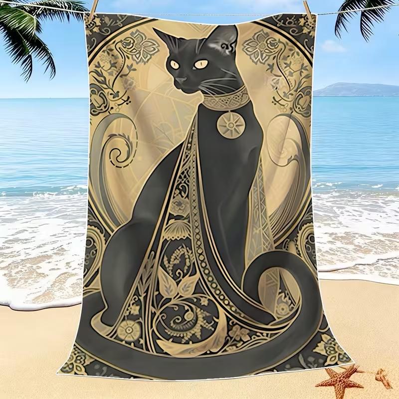 Egyptian Cat Print Beach Towel Black Cat Ethnic Print Quick Dry Sandproof Absorbent Towel for Summer Beach Travel Vacation