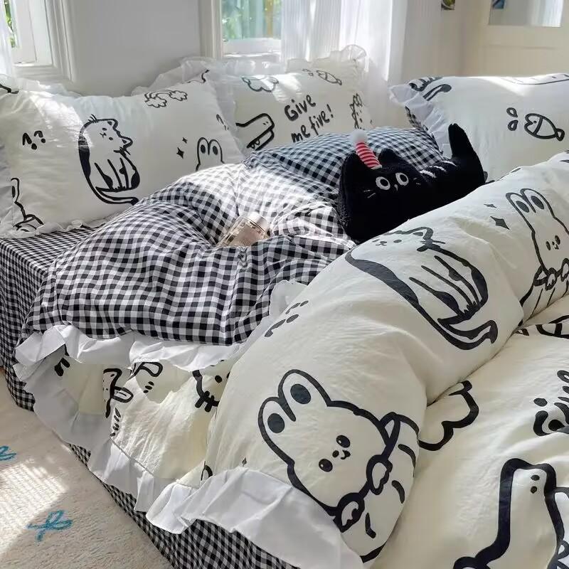 High-value Ins Lotus Leaf Lace A-type Washed Cotton Quilt Cover Skin-friendly Bed Sheet Four-piece Set Dormitory Bedding